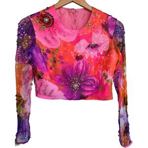 Miss Elliette California Hand-Beaded Floral Crop Blouse Sheer Sleeves Vtg 60s